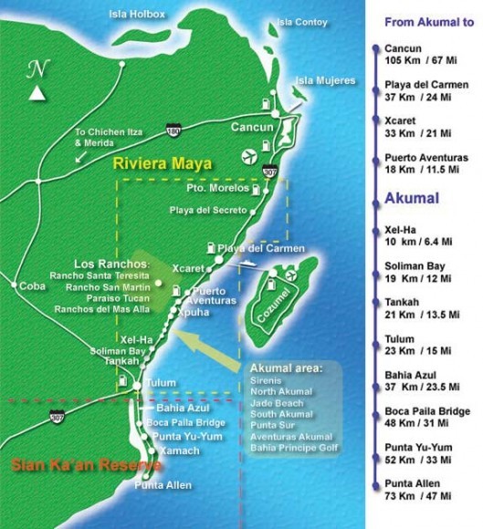 Karte Riviera Maya Ausflüge um Playa del Carmen deutschsprachig